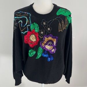 Mister Noah Sz L Black Sequins Sweater Pullover Floral 90s Knit Ramie/Cotton*W15